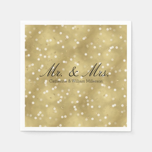 Dreamy Gold Bokeh Confetti Mr. and Mrs. Wedding Napkin (Front)