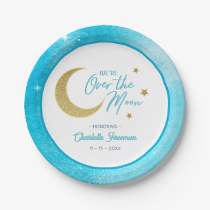 Dreamy Gold Moon and Stars Watercolor Paper Plates