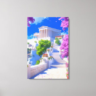 Dreamy Greece Landscape, White Buildings & Pink Canvas Print