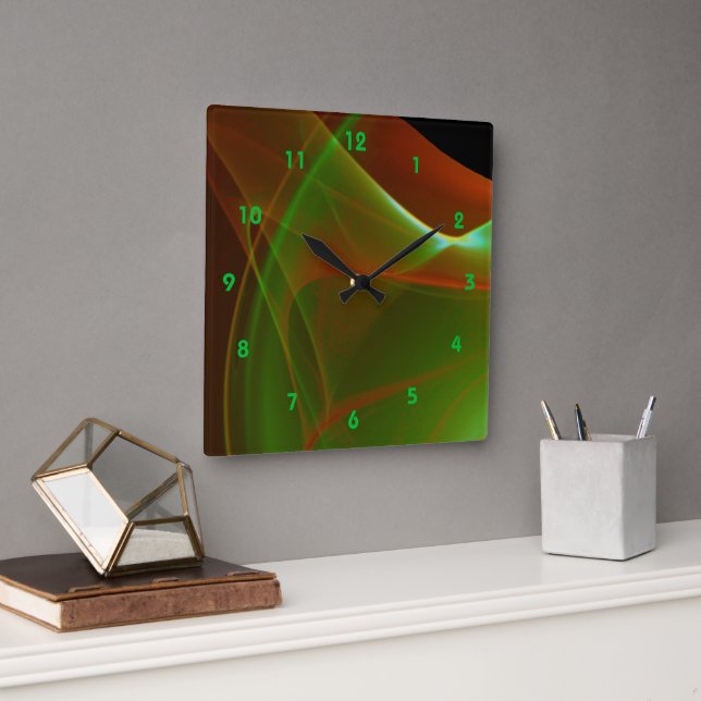 Dreamy Green and Orange Sweep Fractal Square Wall Clock (Office)