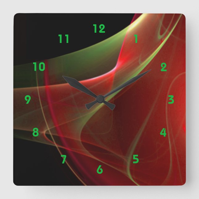 Dreamy Green and Red Sweep Fractal Square Wall Clock (Front)