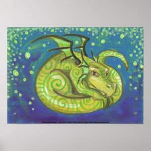 Dreamy Green Dragon swirly fantasy art Poster