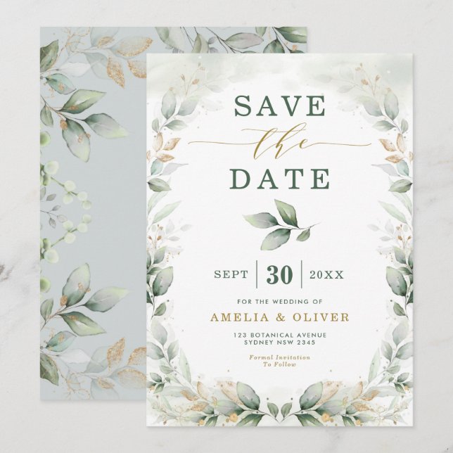 Dreamy Greenery Gold Eucalyptus Save the Date Invitation (Front/Back)