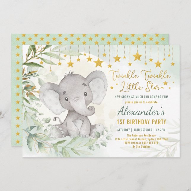 Dreamy Greenery Moon & Stars Elephant 1st Birthday Invitation (Front/Back)