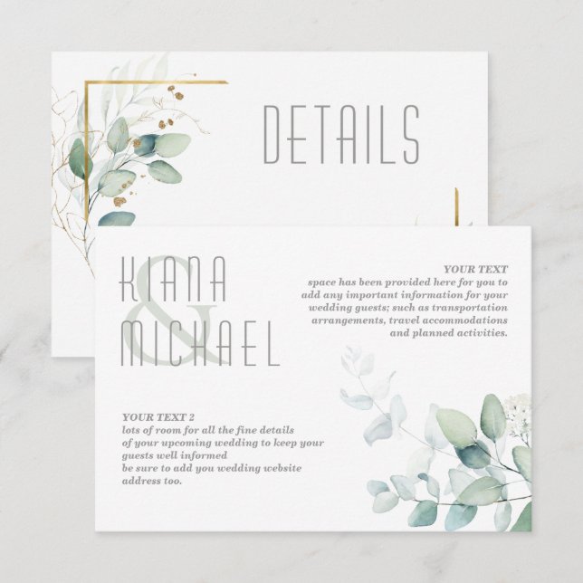 Dreamy Greenery Wedding Details Green/Blue ID817 Enclosure Card (Front/Back)