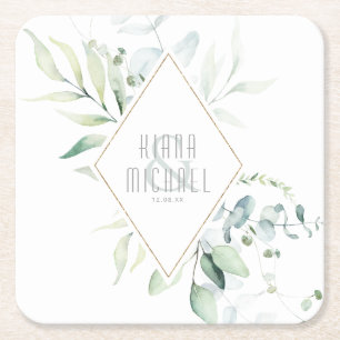 Dreamy Greenery Wedding Green/Blue ID817 Square Paper Coaster