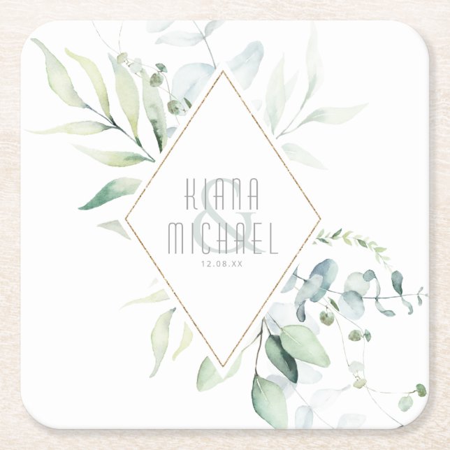 Dreamy Greenery Wedding Green/Blue ID817 Square Paper Coaster (Front)