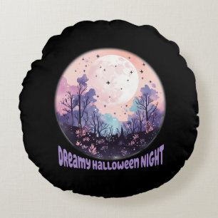 Dreamy Halloween Night – Pastel Purple Moon Round Cushion