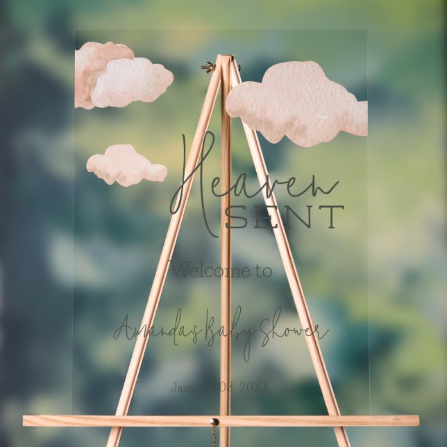 Dreamy Heaven Sent Sky Beige Baby Shower Welcome Acrylic Sign (Neutral)