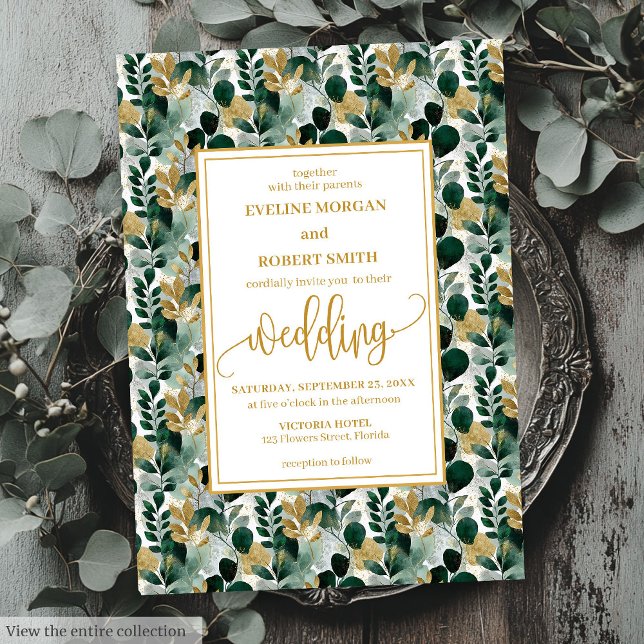 Dreamy Hunter Green Gold Greenery Wedding Invite (Dreamy Hunter Green Gold Greenery Wedding Invite)
