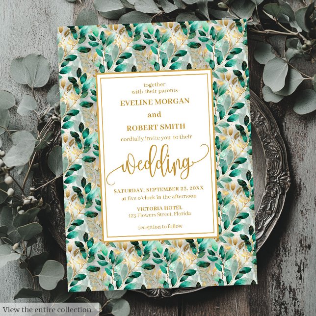 Dreamy Hunter Green Gold Greenery Wedding Invites (Dreamy Hunter Green Gold Greenery Wedding Invites)