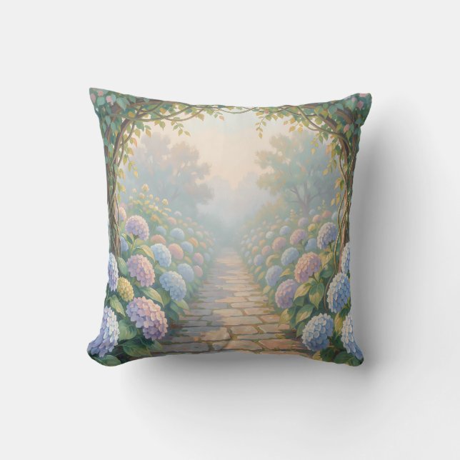 Dreamy Hydrangea Garden Arch Stone Path Cottage  Cushion (Front)