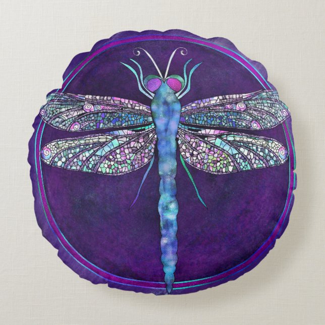 Dreamy Jewel-toned Dragonfly Round Pillow (Front)