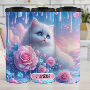 Dreamy Kitten: Pink Roses, Blue Eyes Thermal Tumbler