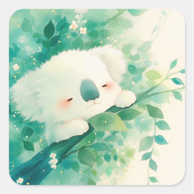 Dreamy Koala Among Emerald Leaves Square Sticker (Front)