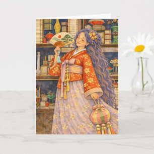Dreamy Korean Hanbok Girl with Fan & Norigae Card