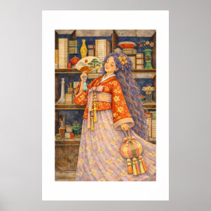 Dreamy Korean Hanbok Girl with Fan & Norigae Poster