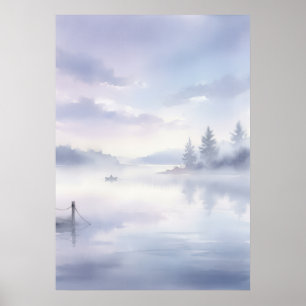 Dreamy Lavender Misty Lake Pine Trees Boat Dock Wa Poster