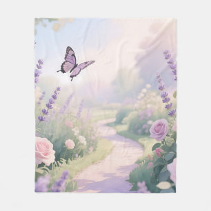 Dreamy Lavender Rose Garden Butterfly Path Fleece Blanket