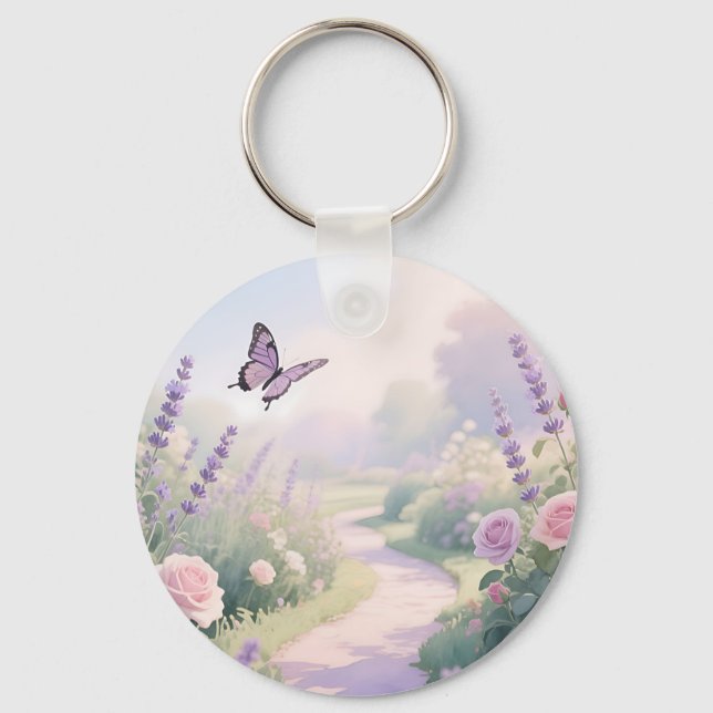 Dreamy Lavender Rose Garden Butterfly Path Key Ring (Front)