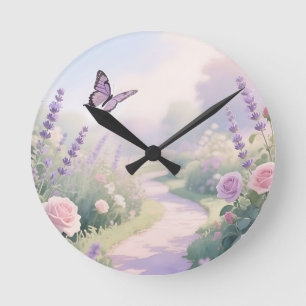 Dreamy Lavender Rose Garden Butterfly Path Round Clock