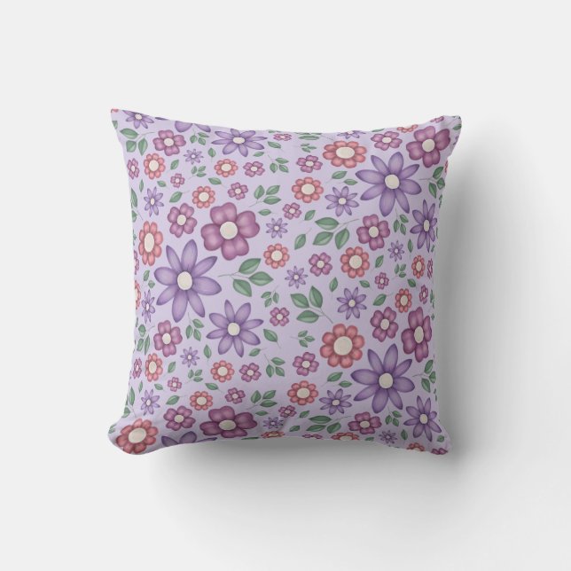 dreamy lavender whimsical floral pattern cushion (Front)