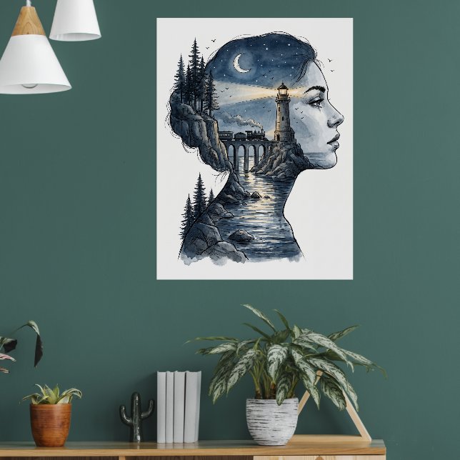 Dreamy Lighthouse in Woman's Mind – Surreal Night  Poster (Living Room 1)