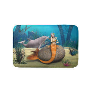 Dreamy Mermaid Dolphin Underwater Fantasy Art Bath Mat