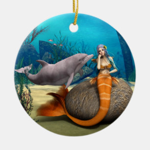 Dreamy Mermaid Dolphin Underwater Fantasy Art Ceramic Tree Decoration