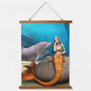Dreamy Mermaid Dolphin Underwater Fantasy Art Hanging Tapestry