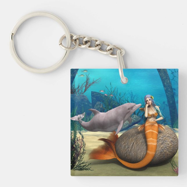Dreamy Mermaid Dolphin Underwater Fantasy Art Key Ring (Front)
