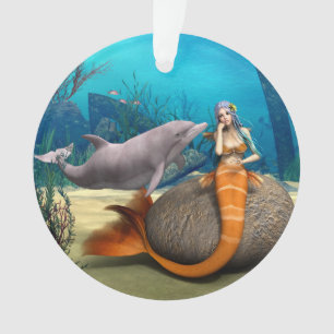 Dreamy Mermaid Dolphin Underwater Fantasy Art Ornament