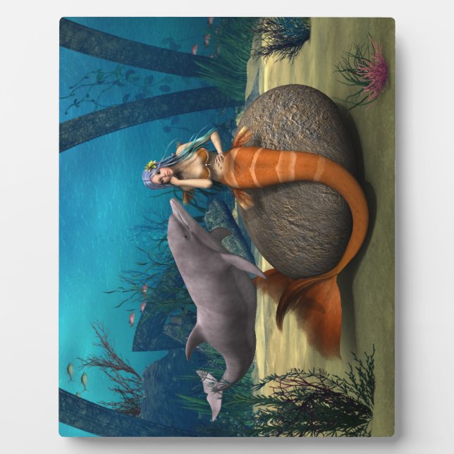 Dreamy Mermaid Dolphin Underwater Fantasy Art Plaque (Front)