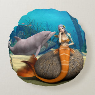 Dreamy Mermaid Dolphin Underwater Fantasy Art Round Cushion