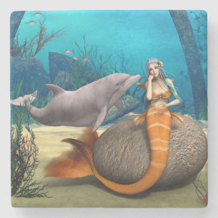 Dreamy Mermaid Dolphin Underwater Fantasy Art Stone Coaster