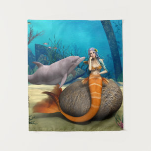 Dreamy Mermaid Dolphin Underwater Fantasy Art Tapestry