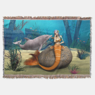 Dreamy Mermaid Dolphin Underwater Fantasy Art Throw Blanket