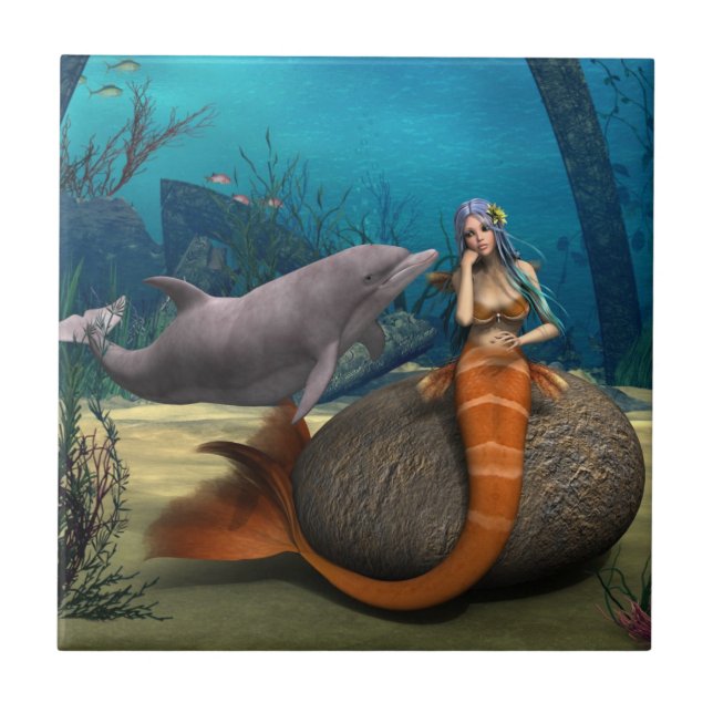 Dreamy Mermaid Dolphin Underwater Fantasy Art Tile (Front)