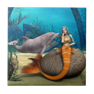 Dreamy Mermaid Dolphin Underwater Fantasy Art Tile