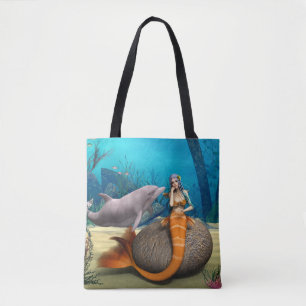 Dreamy Mermaid Dolphin Underwater Fantasy Art Tote Bag