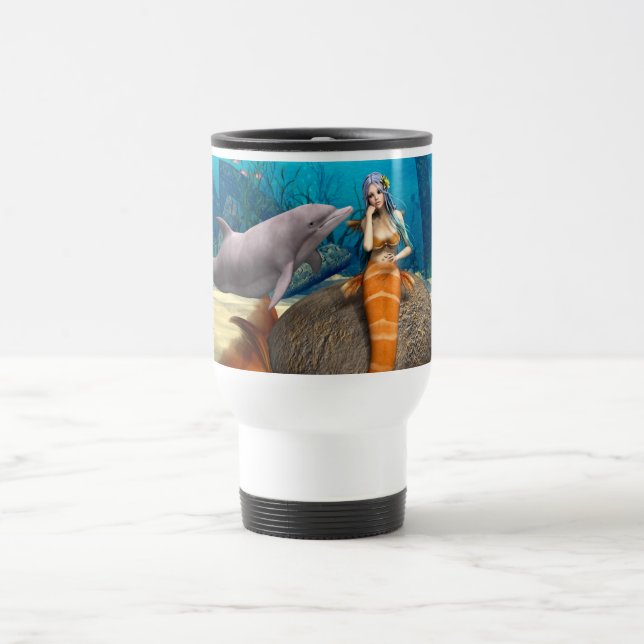Dreamy Mermaid Dolphin Underwater Fantasy Art Travel Mug (Center)