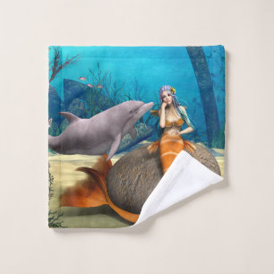 Dreamy Mermaid Dolphin Underwater Fantasy Art Wash Cloth