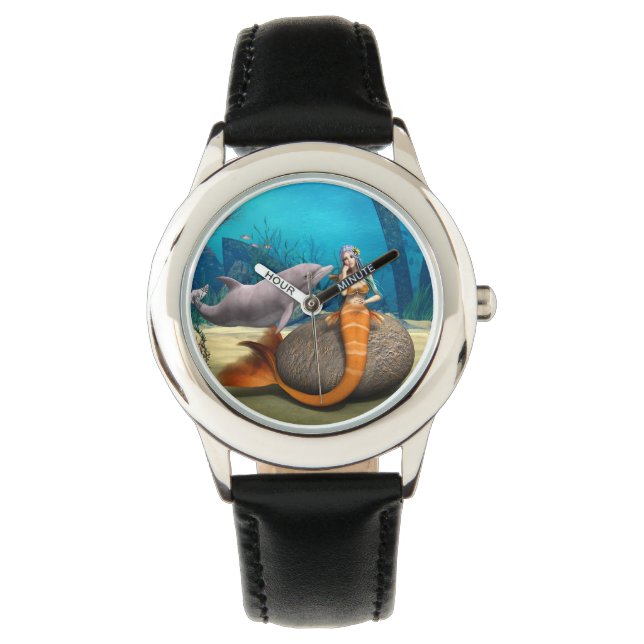 Dreamy Mermaid Dolphin Underwater Fantasy Art Watch (Front)
