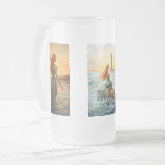 Dreamy Mermaid Sunset with Red Hair Frosted Glass Beer Mug (Front Left)