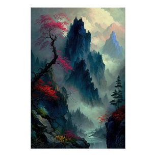 Dreamy Misty Mountain Landscape Glossy Poster