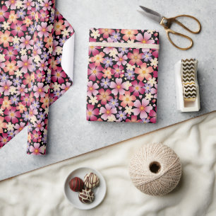 Dreamy Mixed Blossoms (Black) Floral Print Wrapping Paper