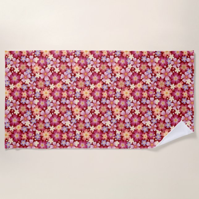 Dreamy Mixed Blossoms on Red Beach Towel (Front)