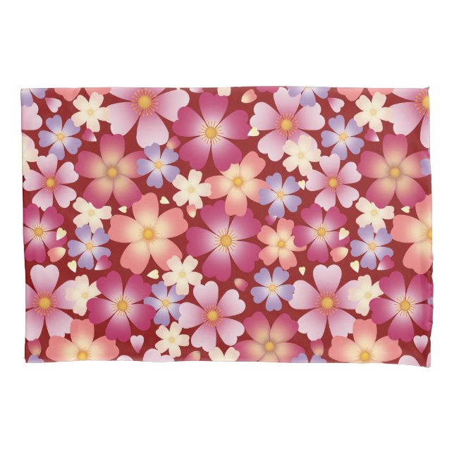 Dreamy Mixed Blossoms (Red) Floral Pillowcase (Front-Left)