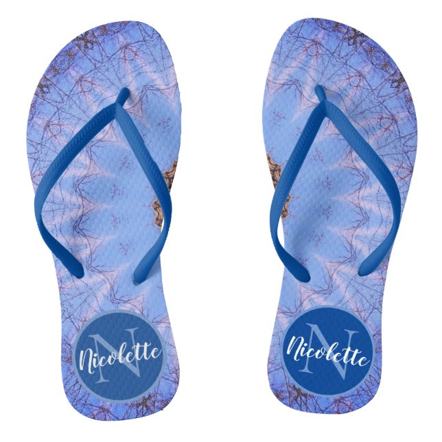 Dreamy Monogram Blue Mandala Monogram Flip Flops (Footbed)