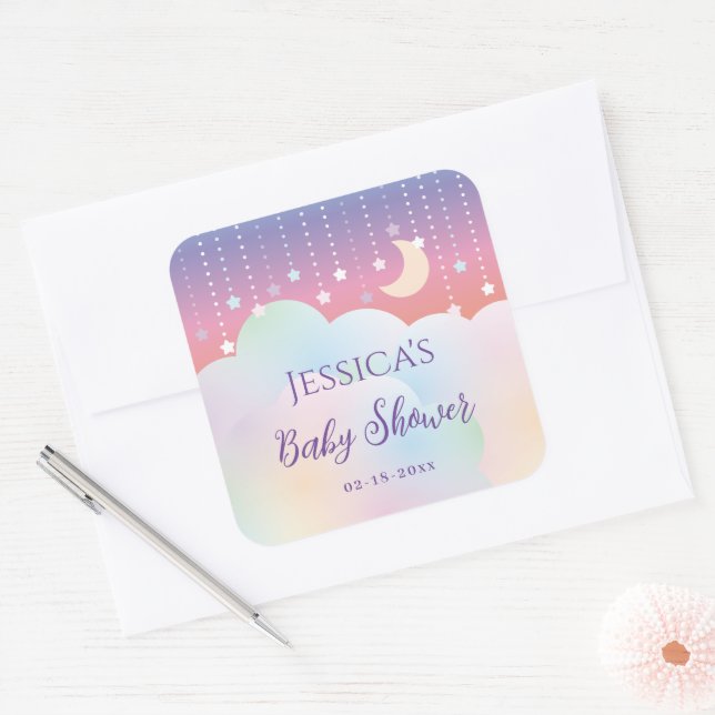 Dreamy Moon and Stars Gender Neutral Baby Shower Square Sticker (Envelope)